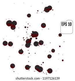 Set of realistic vector bloody splatters. Drop and blob of blood. Bloodstains. Isolated.  Red puddles