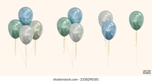 Set of realistic vector blue, green, white balloons isolated on beige background. Helium balloons clipart for anniversary, birthday, wedding, party. 3D vector illustration.