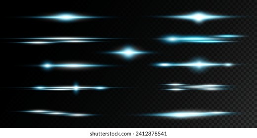 Set of realistic vector blue stars png. Set of vector suns png. Blue flares with highlights.Horizontal light lines, laser, flash.