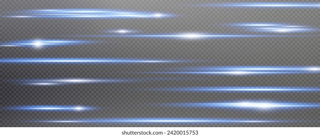 Set of realistic vector blue stars png. Set of vector suns png. Blue flares with highlights.
Horizontal light lines, laser, flash.
