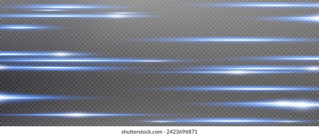 Set of realistic vector blue stars png. Set of vector suns png. Golden flares with highlights.Horizontal light lines, laser, flash.