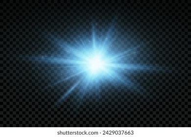 Set of realistic vector blue stars png. Set of vector suns png. Blue flares with highlights.