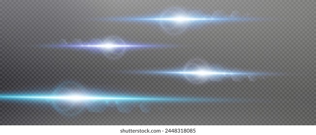 Set of realistic vector blue stars png. Set of vector suns png. Blue flares with highlights.Horizontal light lines, laser, flash.