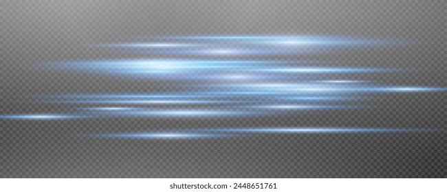 Set of realistic vector blue stars png. Set of vector suns png. Blue flares with highlights. Horizontal light lines, laser, flash. Blue special effect, magic of moving fast motion laser beams.