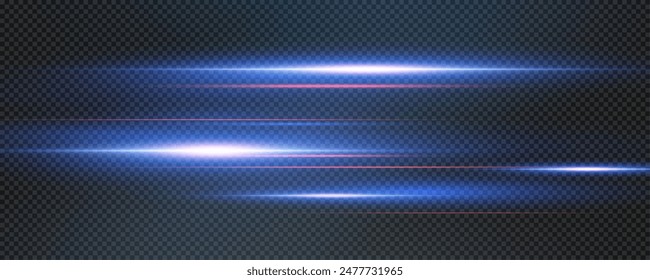 Set of realistic vector blue stars png. Set of vector suns png. Blue flares with highlights. Horizontal light lines, laser, flash. Blue white special effect, magic of moving fast motion laser beams.