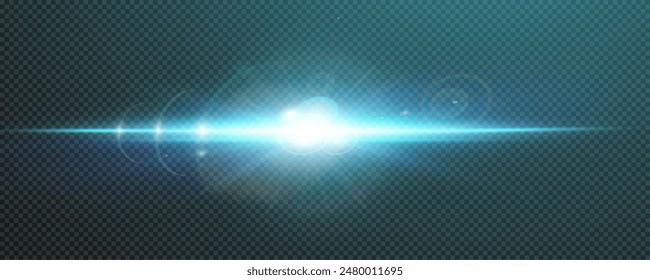 Set of realistic vector blue stars png. Set of vector suns png. Blue flares with highlights. Horizontal light lines, laser, flash. Blue white special effect, magic of moving fast motion laser beams.