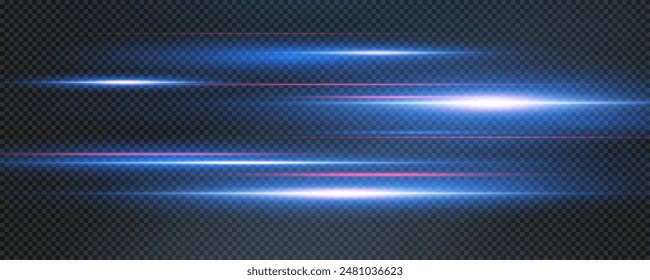Set of realistic vector blue stars png. Set of vector suns png. Blue flares with highlights. Horizontal light lines, laser, flash. Blue white special effect, magic of moving fast motion laser beams.