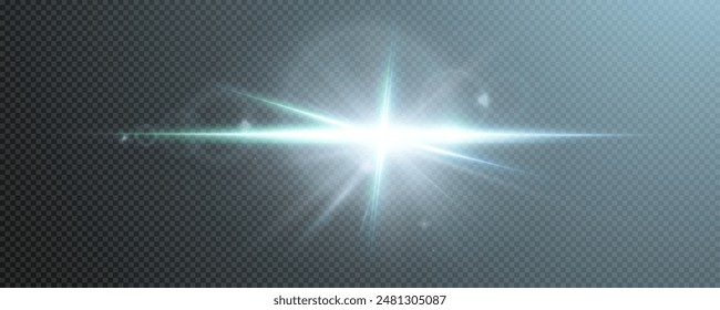 Set of realistic vector blue stars png. Set of vector suns png. Blue flares with highlights. Horizontal light lines, laser, flash. Blue white special effect, magic of moving fast motion laser beams.