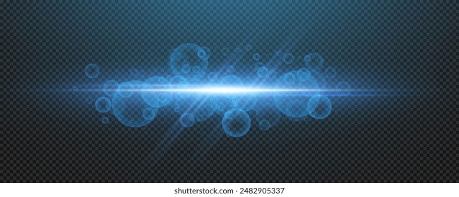 Set of realistic vector blue stars png. Set of vector suns png. Blue flares with highlights. Horizontal light lines, laser, flash. Bright magikal light effect with rays and many glares of light.