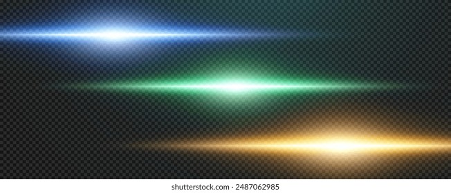 Set of realistic vector blue stars png. Set of vector suns png. Gold flares with highlights. Horizontal light lines, laser, flash. Gold blue special effect, magic of moving fast motion laser beams.
