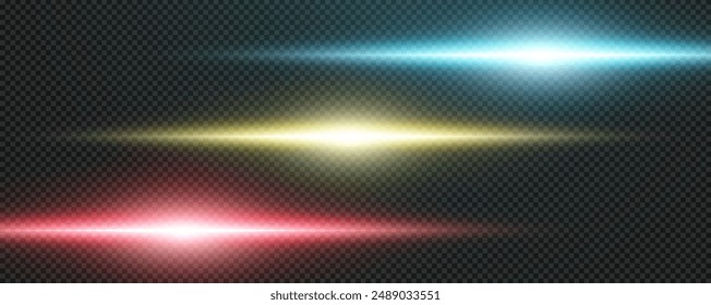 Set of realistic vector blue stars png. Set of vector suns png. Gold flares with highlights. Horizontal light lines, laser, flash. Gold blue special effect, magic of moving fast motion laser beams.