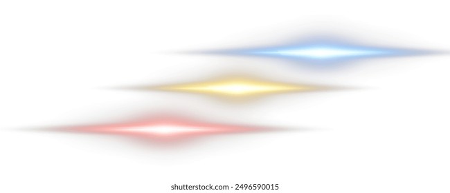 Set of realistic vector blue stars png. Set of vector suns png. Gold flares with highlights. Horizontal light lines, laser, flash.Gold blue red special effect, magic of moving fast motion laser beams.