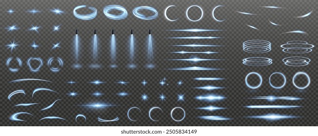 Set of realistic vector blue stars png. Set of vector suns png. Blue flares with highlights.