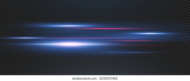 Set of realistic vector blue stars png. Set of vector suns png. Blue flares with highlights. Horizontal light lines, laser, flash.	