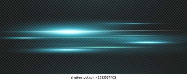 Set of realistic vector blue stars png. Set of vector suns png. Blue flares with highlights. Horizontal light lines, laser, flash.	