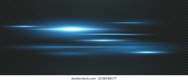 Set of realistic vector blue stars png. Set of vector suns png. Blue flares with highlights. Horizontal light lines, laser, flash.	