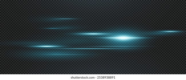 Set of realistic vector blue stars png. Set of vector suns png. Blue flares with highlights. Horizontal light lines, laser, flash.	