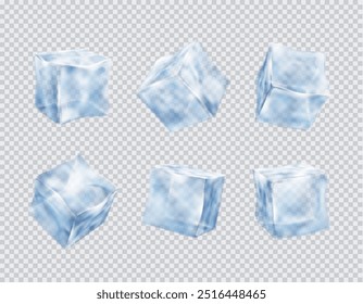 Conjunto de cubitos de hielo de agua azul de Vector realista aislados sobre fondo transparente. Bloques de hielo de cristal.