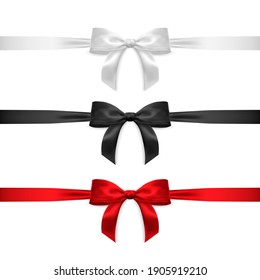 Set of realistic vector bows isolated on white background. White, red, black gift bows for cards, presentation, valentine's day, christmas and birthday illustrations. Top view.