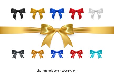 Set of realistic vector bows isolated on white background. Golden, white, black, red, blue gift bows for cards, presentation, valentine's day, christmas and birthday illustrations. Top view.