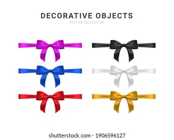 Set of realistic vector bows isolated on white background. Golden, black, purple, red, blue gift bows for cards, presentation, valentine's day, christmas and birthday illustrations. Top view.