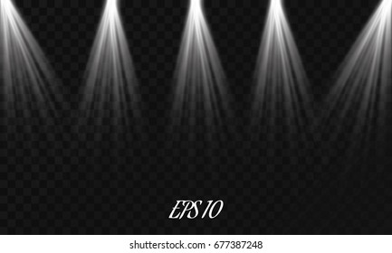 Set of realistic vector bright projectors for scene lighting isolated on plaid background. Special light effects collection
