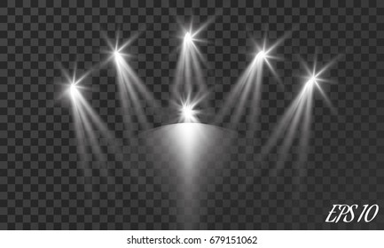 Set of realistic vector bright projectors for scene lighting isolated on plaid background. Special light effects collection