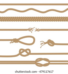 Set of realistic vector brown ropes and knots brushes isolated