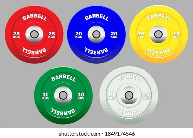 set of realistic vector bumper weight plates in different weights. Gym equipment. Weight for bodybuilding and power lifting. Isolated on gray background