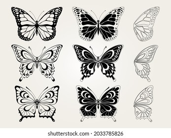 Set of realistic vector butterflies. Collection of vintage elegant illustrations of butterflies. Design element for your project. Black color.