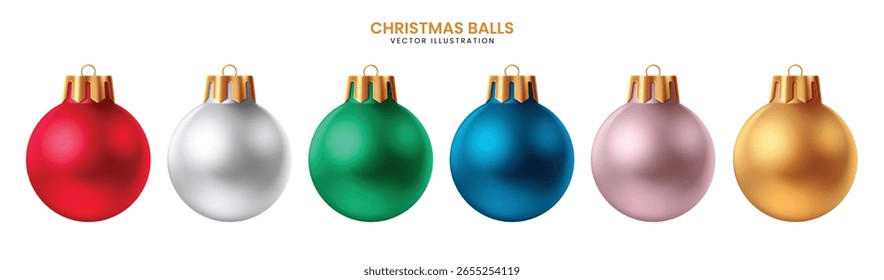 Um conjunto de ornamentos de Natal vetor realista em vermelho, prata, verde, azul, rosa e ouro com um acabamento metálico brilhante. Ideal para projetos de férias de luxo, cartões e promoções festivas.
