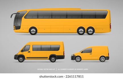 Conjunto de modelos realistas de vehículo de autocar, de transporte de pasajeros y de servicio de autocarros. Transporte de viajeros de negocios colores amarillos para publicidad de entrega