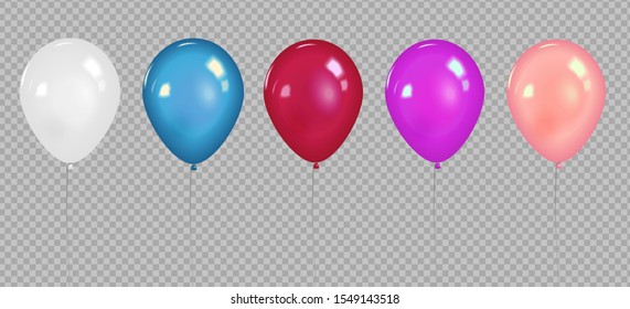 Set of realistic vector colorful balloons with light reflects isolated on transparent background.