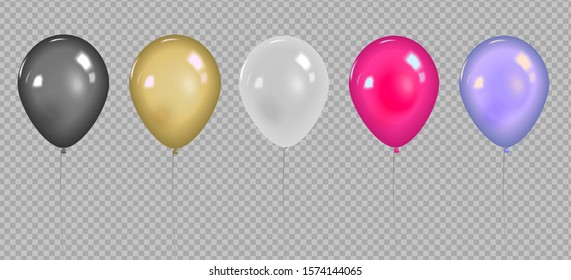 Set of realistic vector colorful balloons with light reflects and rope isolated on transparent background.