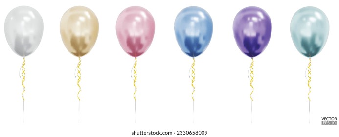 Set of realistic vector colorful balloons isolated on white background. Helium balloons clipart for anniversary, birthday, wedding, party. 3D vector illustration.