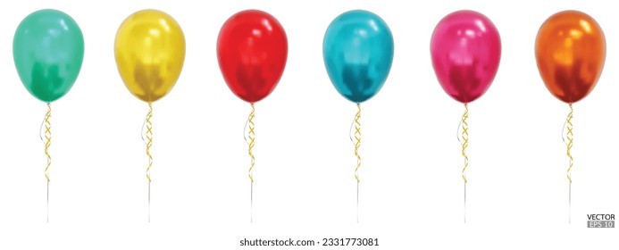 Conjunto de globos realistas vectoriales coloridos aislados en fondo blanco. Globos de helio para aniversario, cumpleaños, boda, fiesta. Ilustración vectorial 3D.