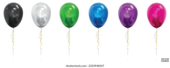 Set of realistic vector colorful balloons isolated on white background. Helium balloons clipart for anniversary, birthday, wedding, party. 3D vector illustration.