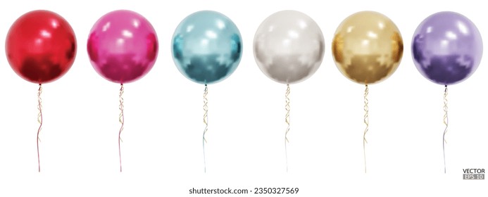 Set of realistic vector colorful balloons isolated on white background. Helium balloons clipart for anniversary, birthday, wedding, party. 3D vector illustration.
