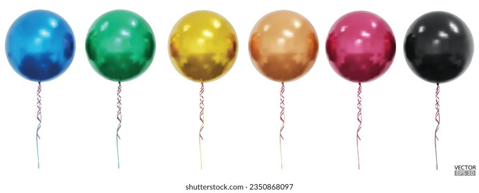 Set of realistic vector colorful balloons isolated on white background. Helium balloons clipart for anniversary, birthday, wedding, party. 3D vector illustration.