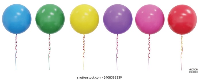 Set of realistic vector colorful balloons isolated on white background. Helium balloons clipart for anniversary, birthday, wedding, party. 3D vector illustration.