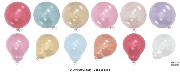 Set of realistic vector colorful balloons isolated on white background. Helium balloons clipart for anniversary, birthday, wedding, party. 3D vector illustration.