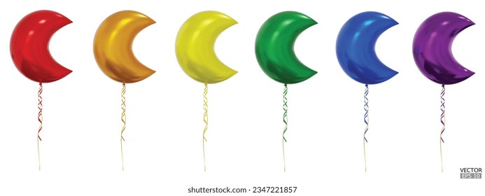 Set of realistic vector colorful Crescent Moon balloons isolated on white background. Helium Moon balloons clipart for anniversary, birthday, wedding, party. 3D vector illustration.