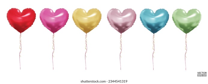 Set of realistic vector colorful heart balloons isolated on white background. Helium heart balloons clipart for anniversary, birthday, wedding, party. 3D vector illustration.