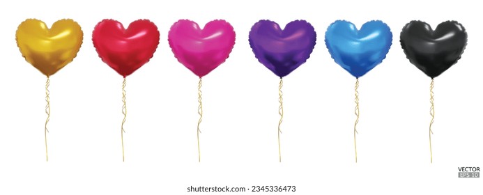 Set of realistic vector colorful heart balloons isolated on white background. Helium heart balloons clipart for anniversary, birthday, wedding, party. 3D vector illustration.