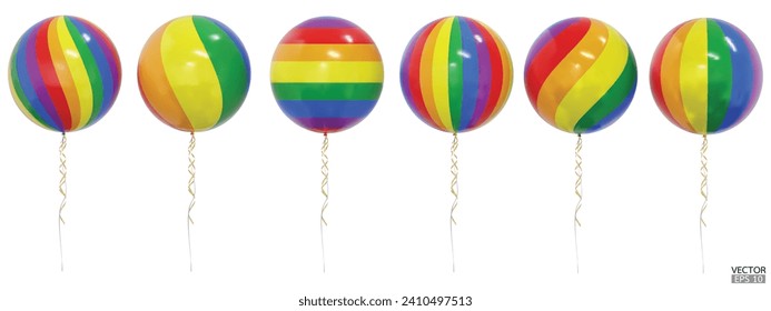 Set of realistic vector colorful rainbow balloons isolated on white background. LGBT balloons clipart for anniversary, birthday, wedding, party. 3D vector illustration.