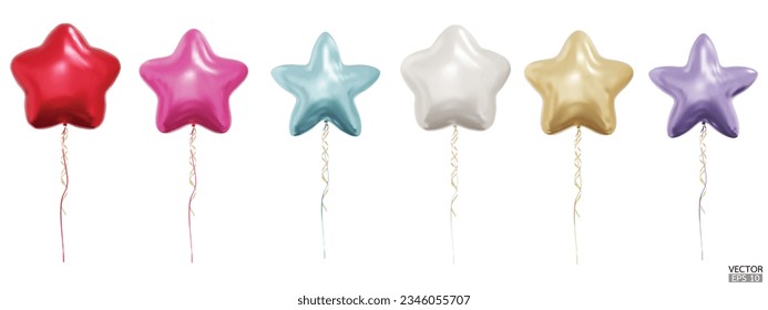 Set of realistic vector colorful star balloons isolated on white background. Helium star balloons clipart for anniversary, birthday, wedding, party. 3D vector illustration.