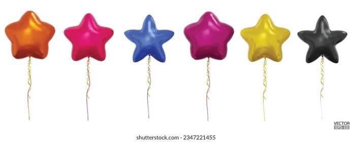 Set of realistic vector colorful star balloons isolated on white background. Helium star balloons clipart for anniversary, birthday, wedding, party. 3D vector illustration.