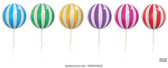 Set of realistic vector colorful striped balloons isolated on white background. Helium balloons clipart for anniversary, birthday, wedding, party. 3D vector illustration.