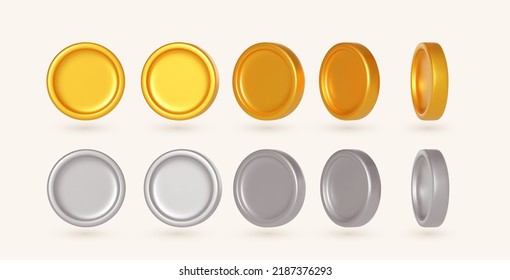 Conjunto de conceptos vectores realistas de monedas de oro y plata. Las monedas de oro girando y las monedas de plata giran en diferentes ángulos. Colección de monedas rotativas. Ilustración vectorial 3d.