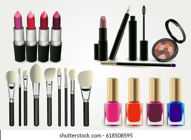 Set of realistic vector and cosmetic professional makeup style. Brush brushes lipstick paints nails